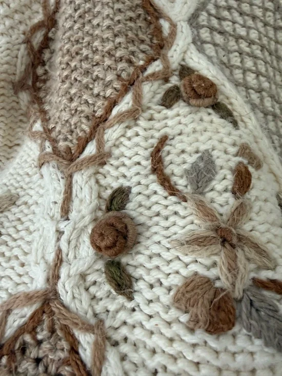 Vintage 90s Sz Lg Cottagecore Grandma Knit Chunky Neutral Sweater Patchwork Tan - Picture 8 of 16